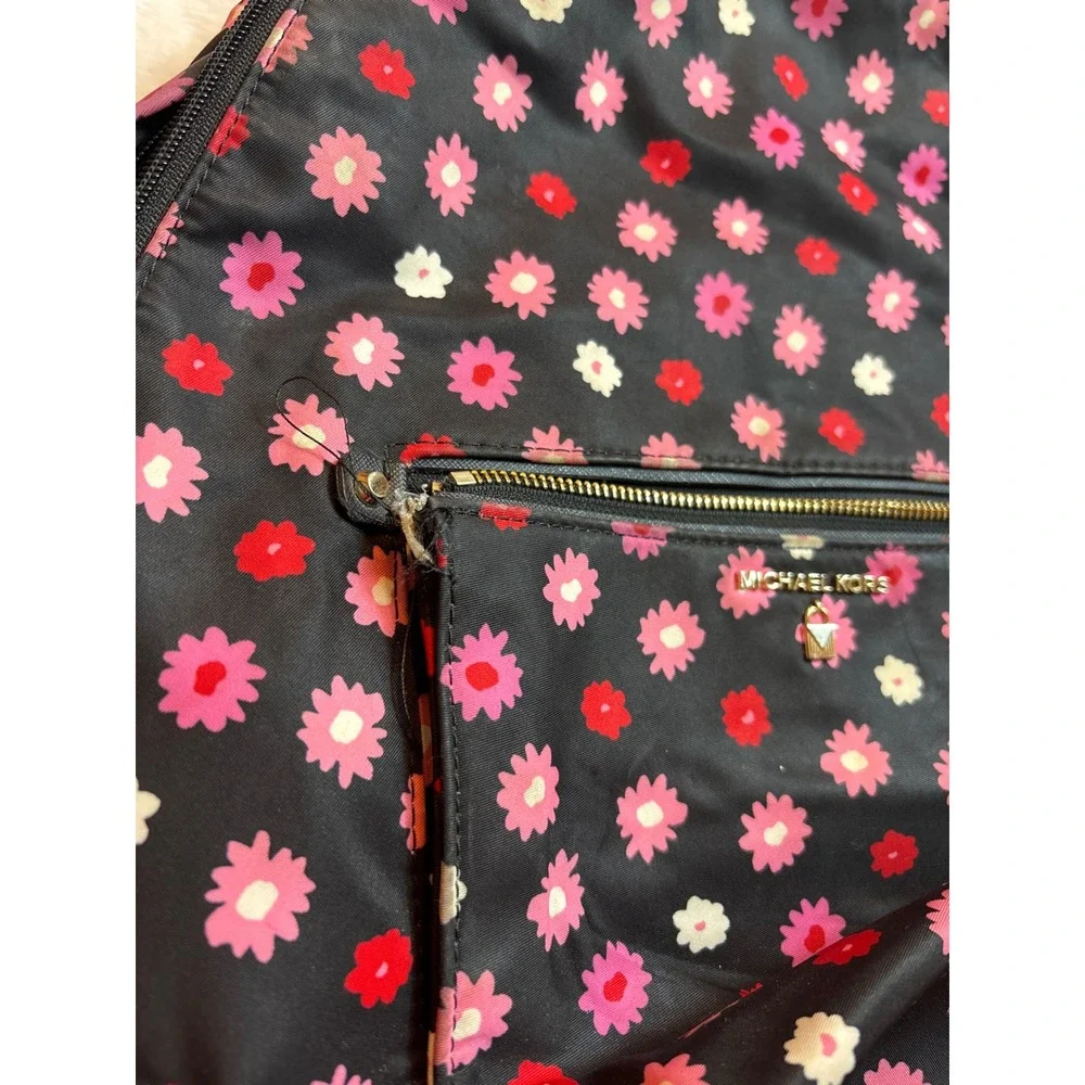 Michael Kors Abbey Nylon Backpack Black Pink Red Floral Daisy Print Gold Hardwar